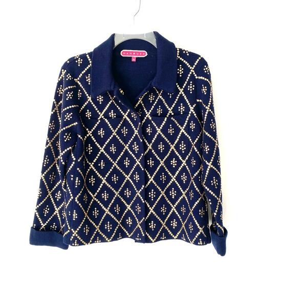 Manoush French Designer Navy Blue Gold Sequin Knit Sweater Jacket Blazer large - Picture 1 of 6